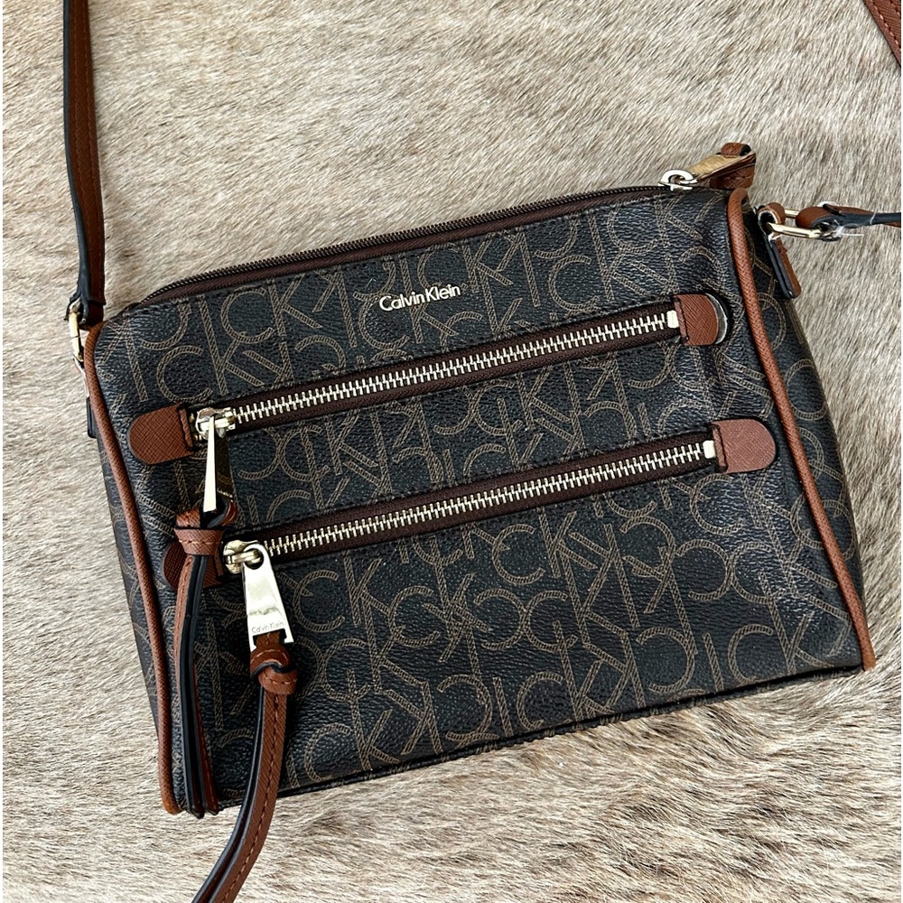 Calvin Klein logo tan and brown crossbody bag